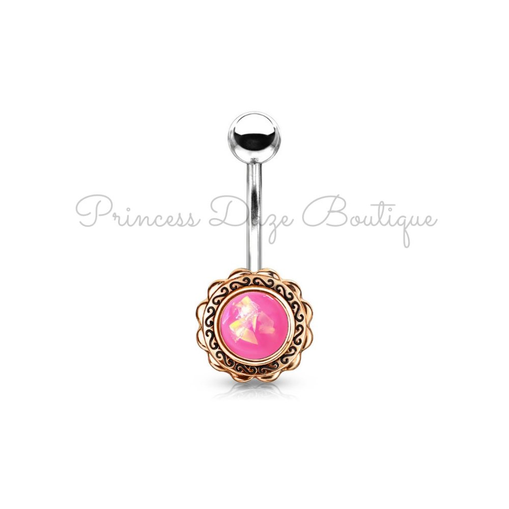 Rose Gold‎ Filigree Flower with Pink Opal Glitter Center Belly Button Ring